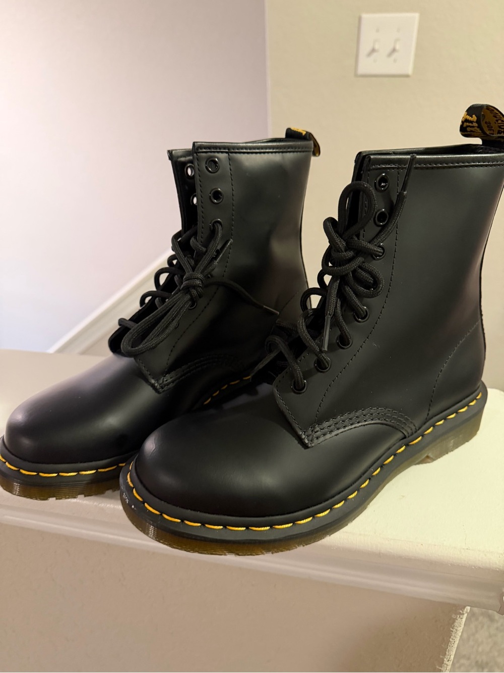 Dr. Martens Black Leather Lace-Up Boots with Yellow Stitching